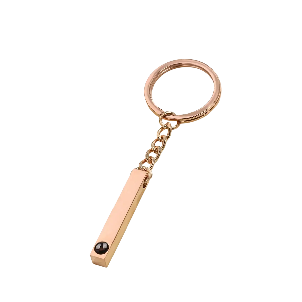 Rose gold rectangular bar keychain with black spherical accent for personalized memorial photo projection gift