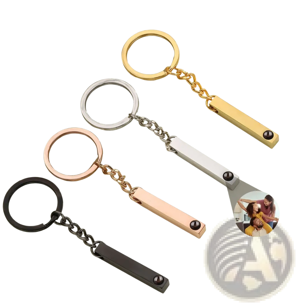 Set of four sleek rectangular metal custom photo projection keychains in gold silver rose gold and black finishes