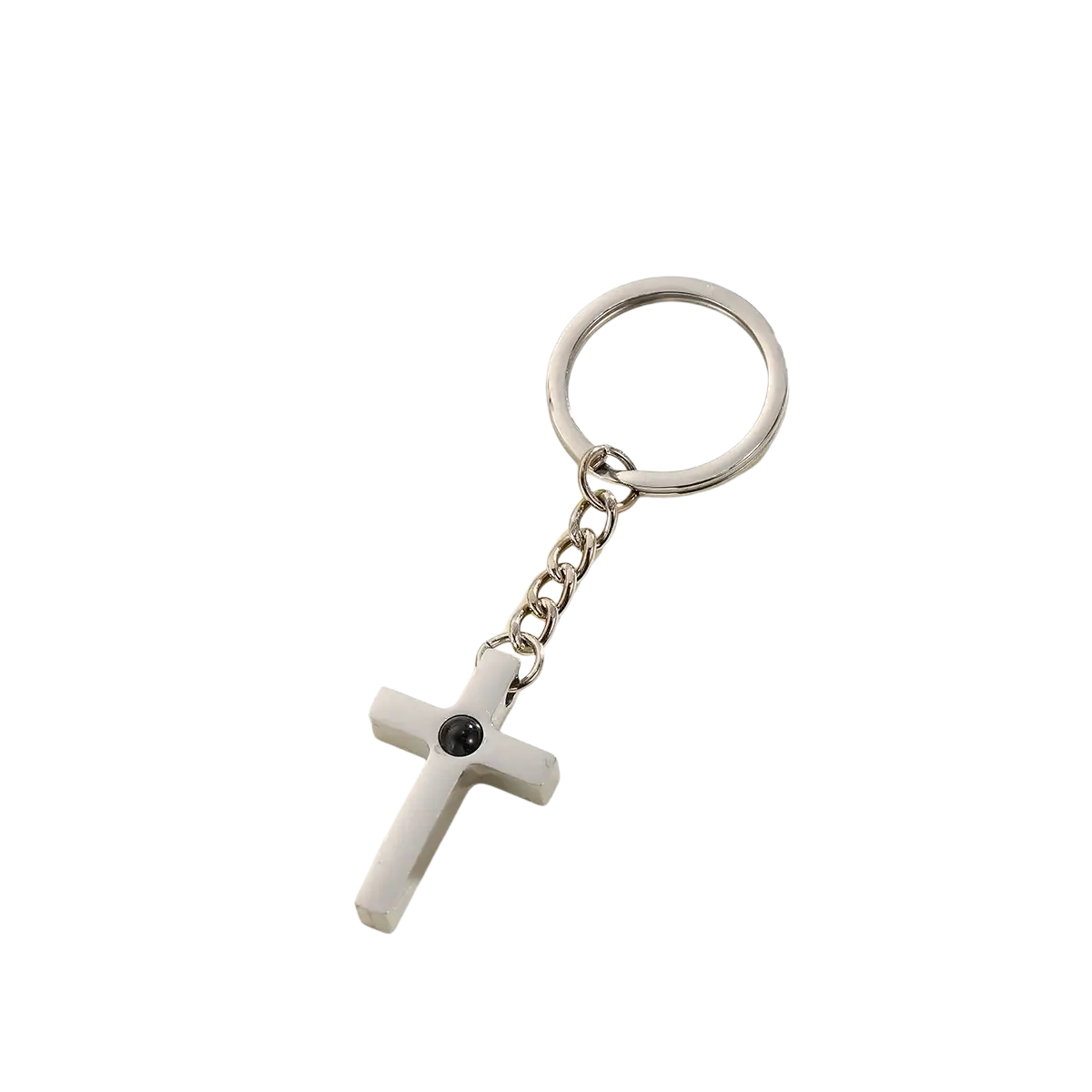 Silver cross keychain with black stone center custom photo projection personalized memorial gift accessory