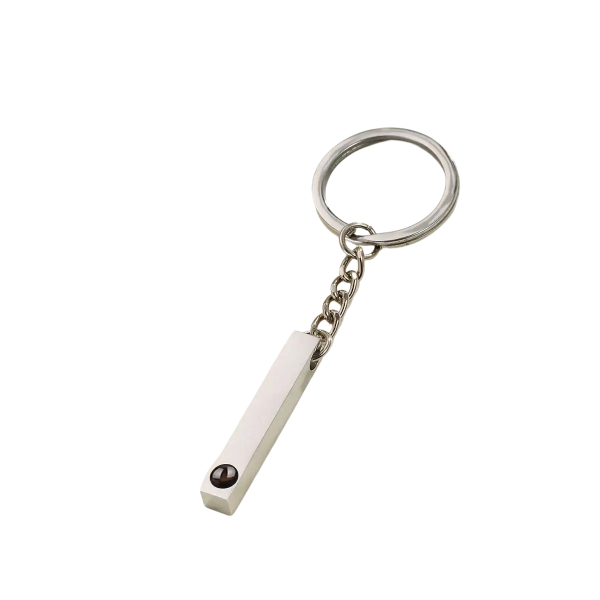 Silver rectangular custom photo projection keychain with polished metallic finish and black circular accent for memorial gift