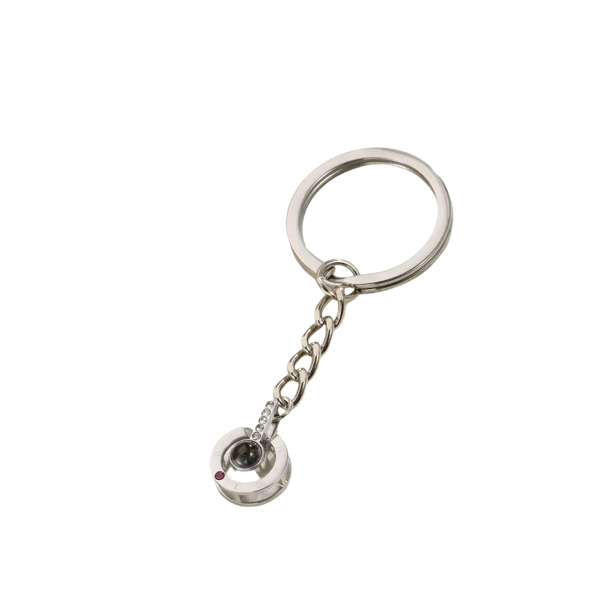 Silver-toned custom photo projection keychain with circular crystal pendant and red accent stone for personalized memorial gift