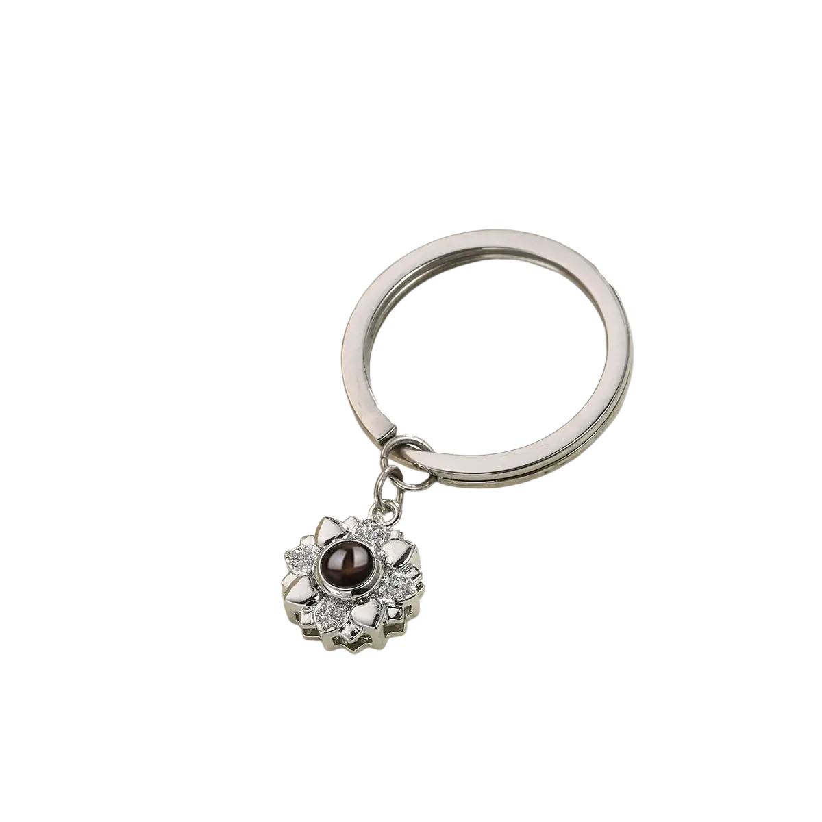 Silver sunflower-shaped custom photo projection keychain with dark brown gemstone center and crystal accents memorial gift