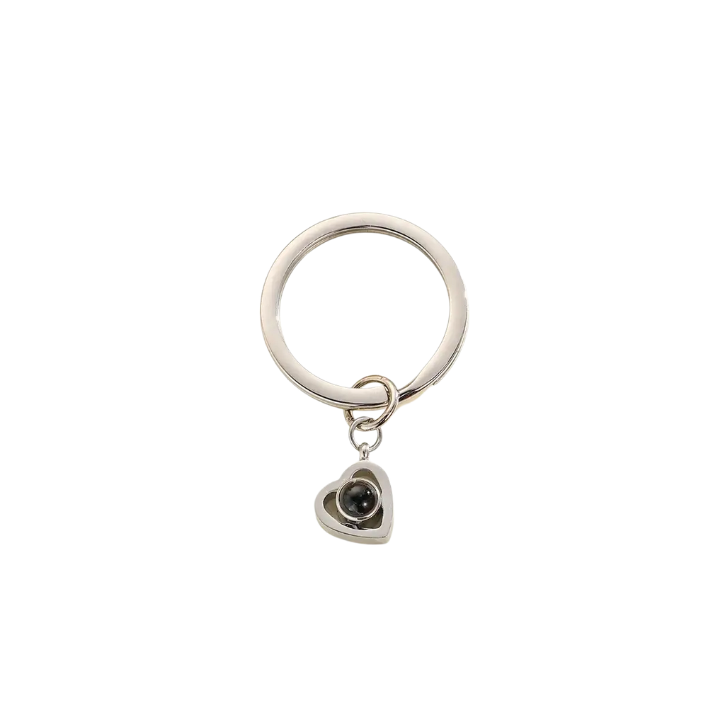 Silver heart-shaped keychain with black spherical pendant for custom photo projection personalized memorial gift