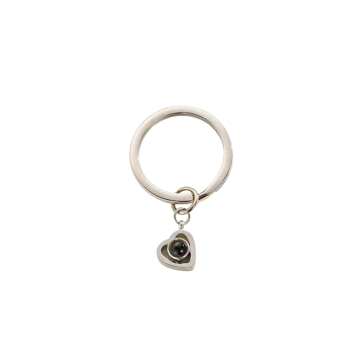 Silver heart-shaped keychain with black spherical pendant for custom photo projection personalized memorial gift