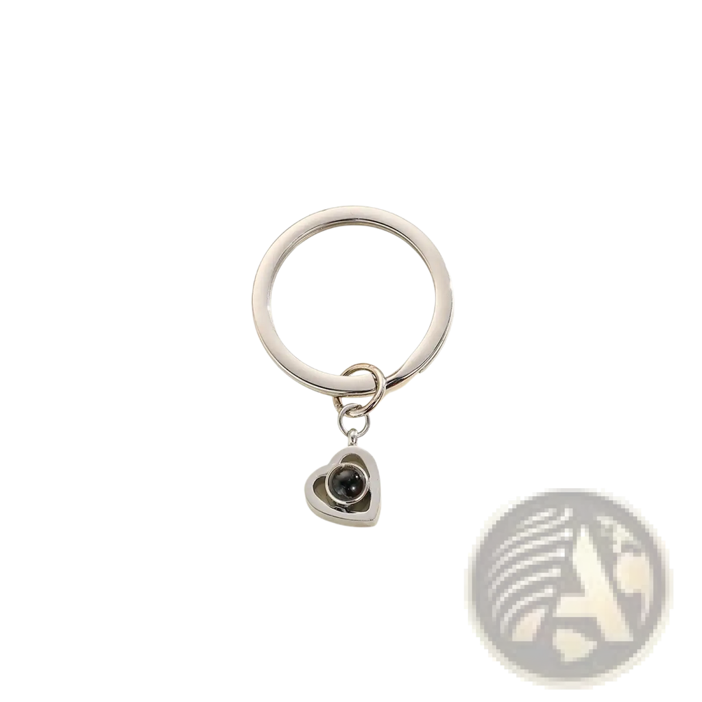 Silver heart-shaped keychain with black spherical pendant for custom photo projection personalized memorial gift