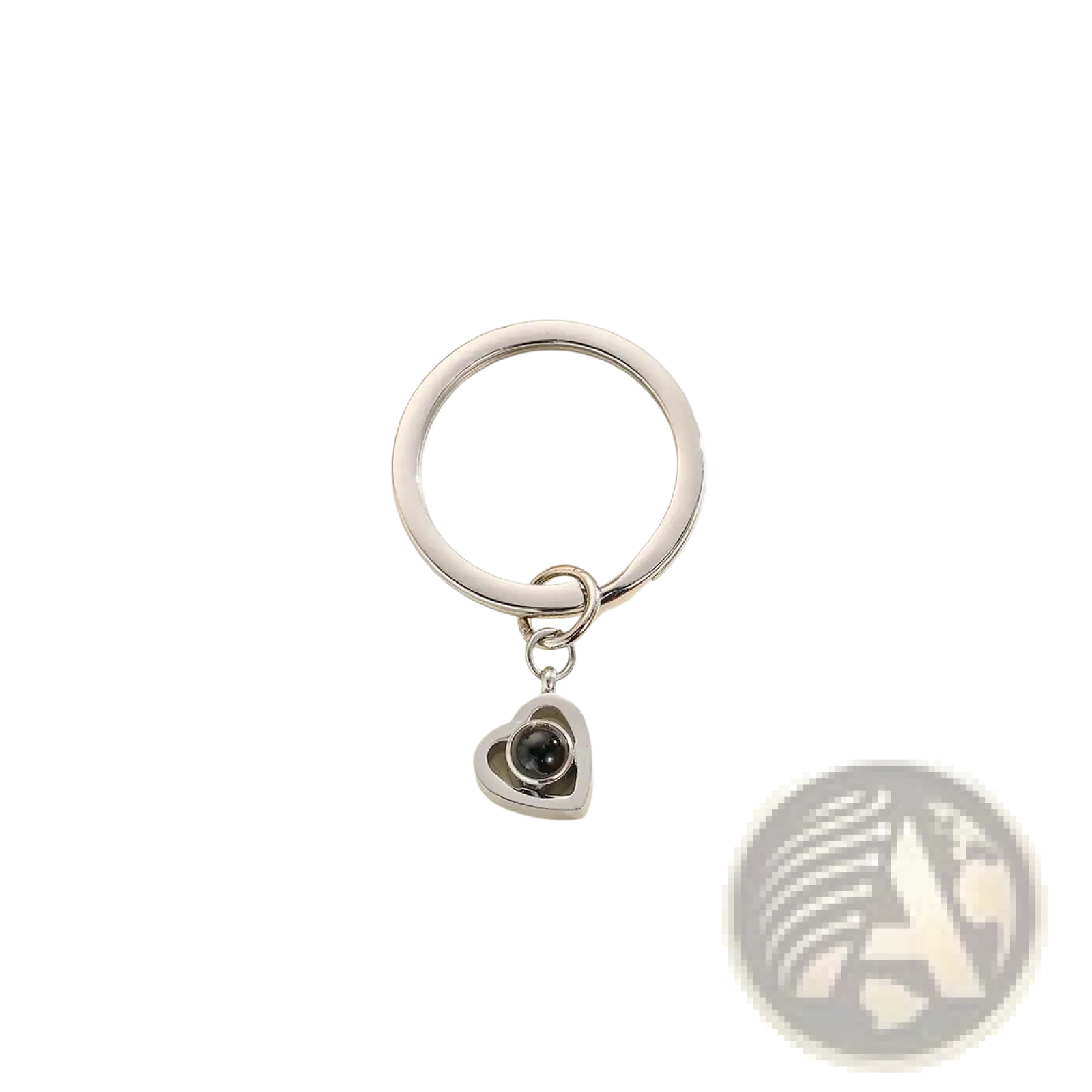 Silver heart-shaped keychain with black spherical pendant for custom photo projection personalized memorial gift