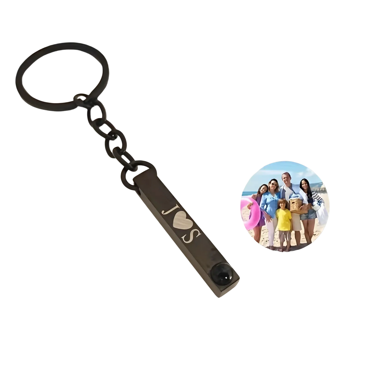 Black metal custom photo projection keychain with engraved j heart s and a small camera lens at one end