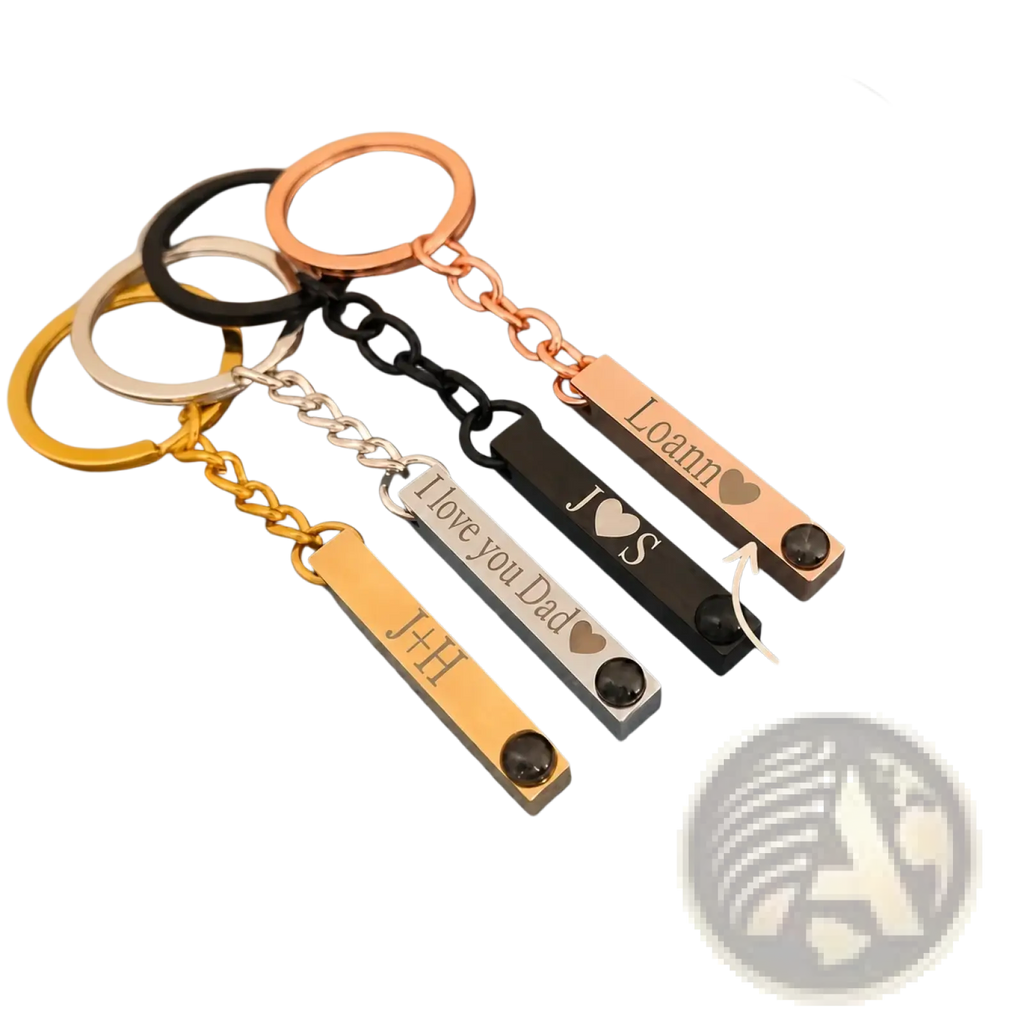 Custom photo projection keychains personalized metal gifts in gold silver rose gold with black chains and engraved text