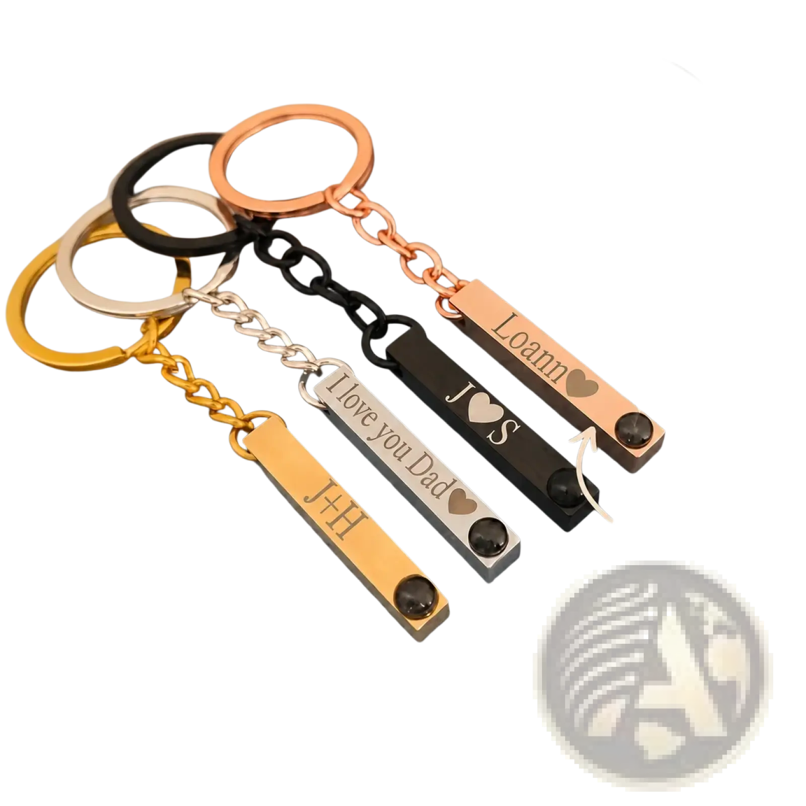Custom photo projection keychains personalized metal gifts in gold silver rose gold with black chains and engraved text