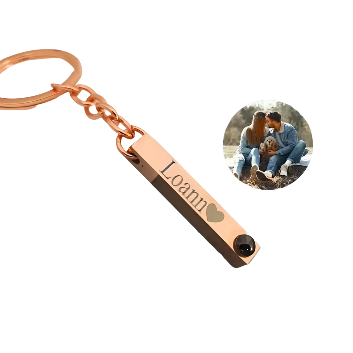 Rose gold rectangular metal custom photo projection keychain with engraved name loann and heart symbol
