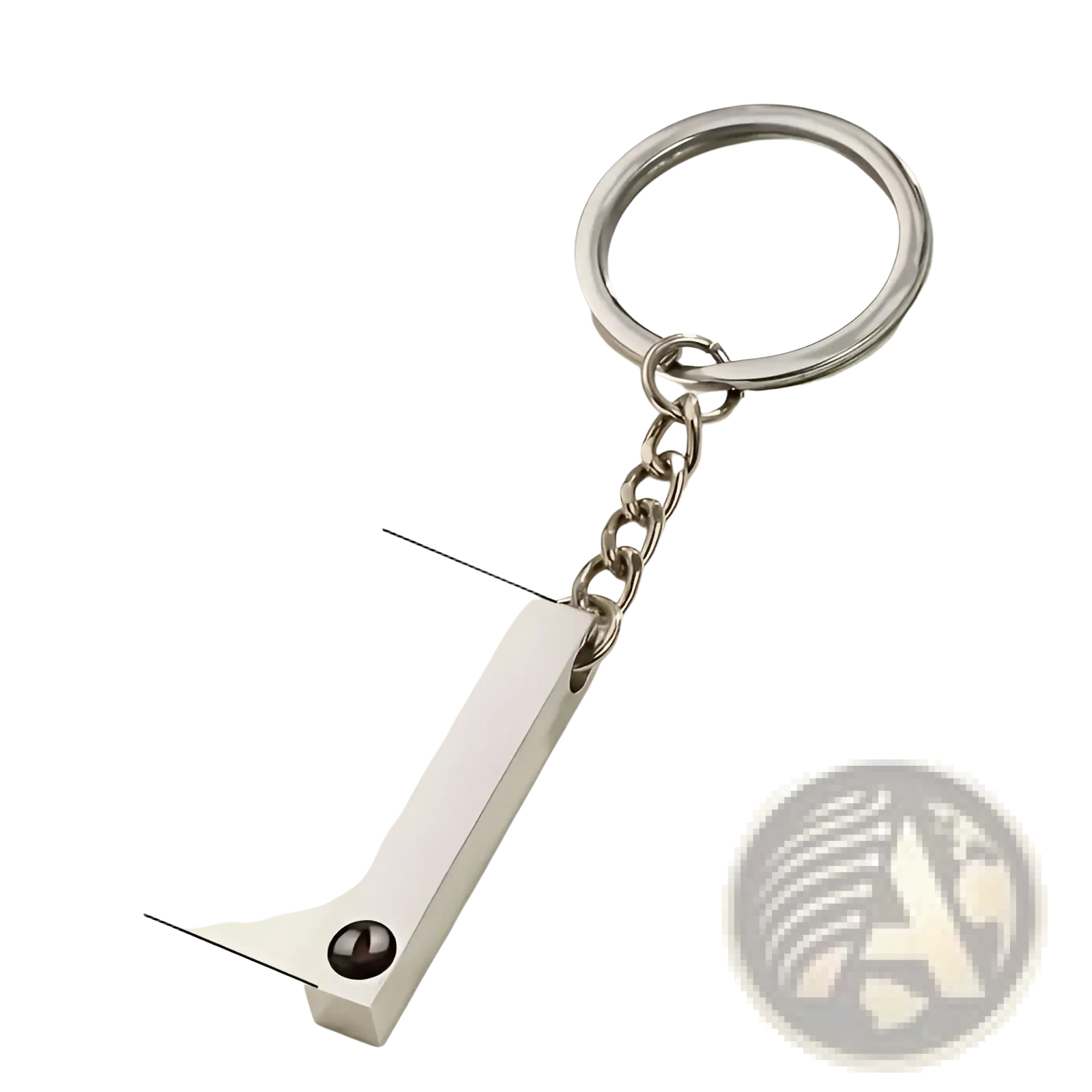 Silver rectangular custom photo projection keychain with polished metal finish and black circular accent personalized gift