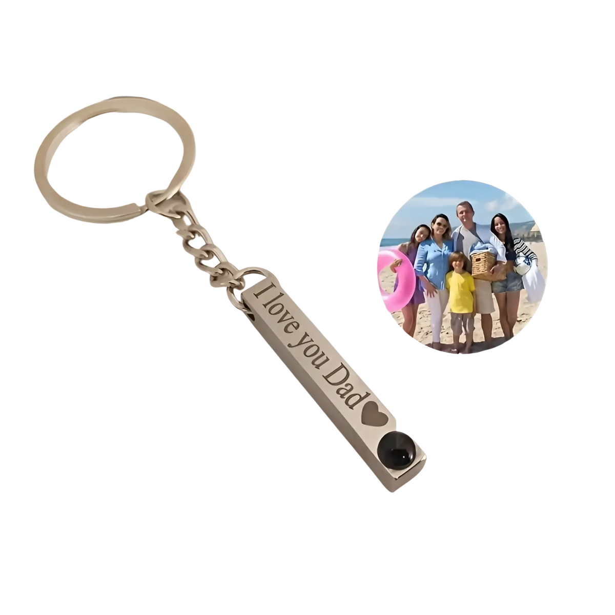 Silver metal custom photo projection keychain engraved with i love you dad and heart symbol with black detail