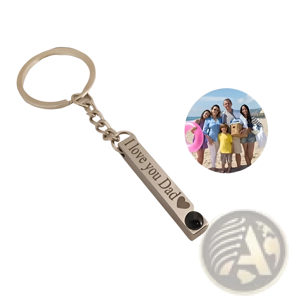 Silver metal custom photo projection keychain engraved with i love you dad and heart symbol with black detail