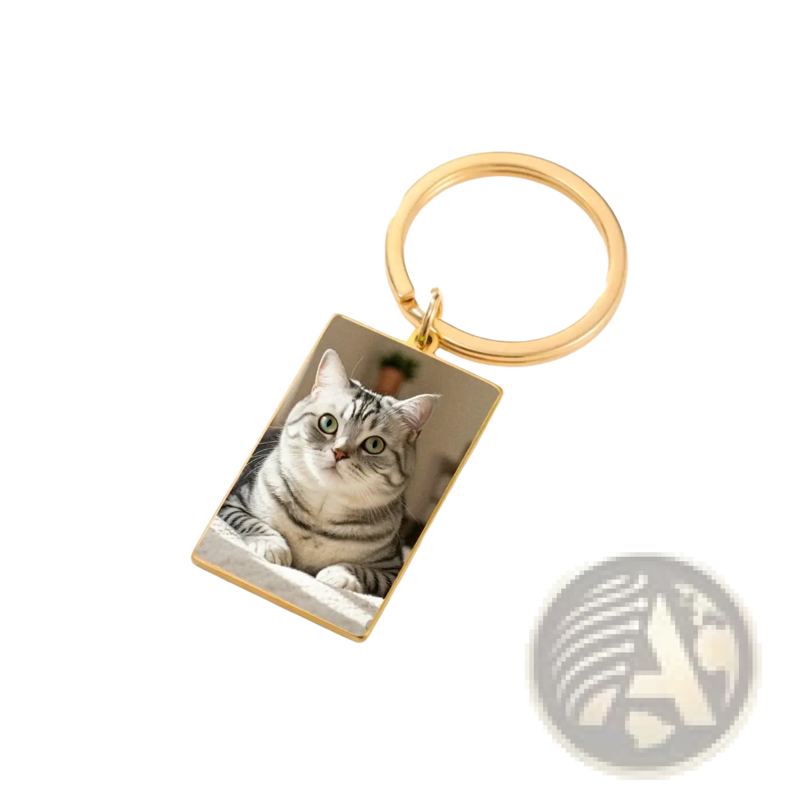Gold-toned custom photo rectangle keychain with stainless steel ring featuring american shorthair cat silver tabby markings