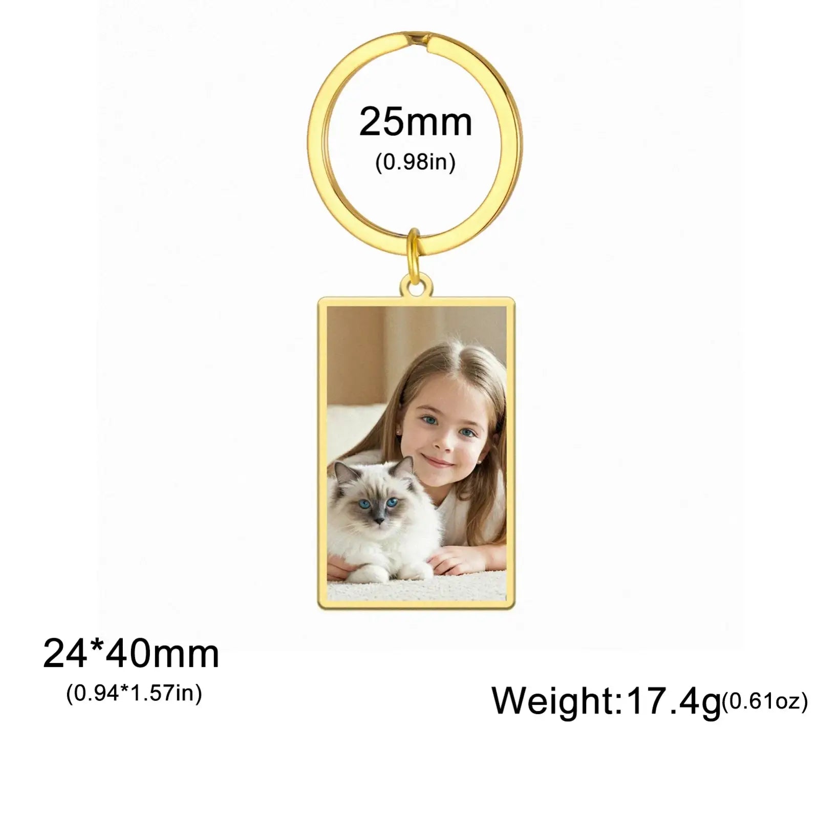 Gold-colored custom photo rectangle keychain with stainless steel ring featuring a young girl and white cat image