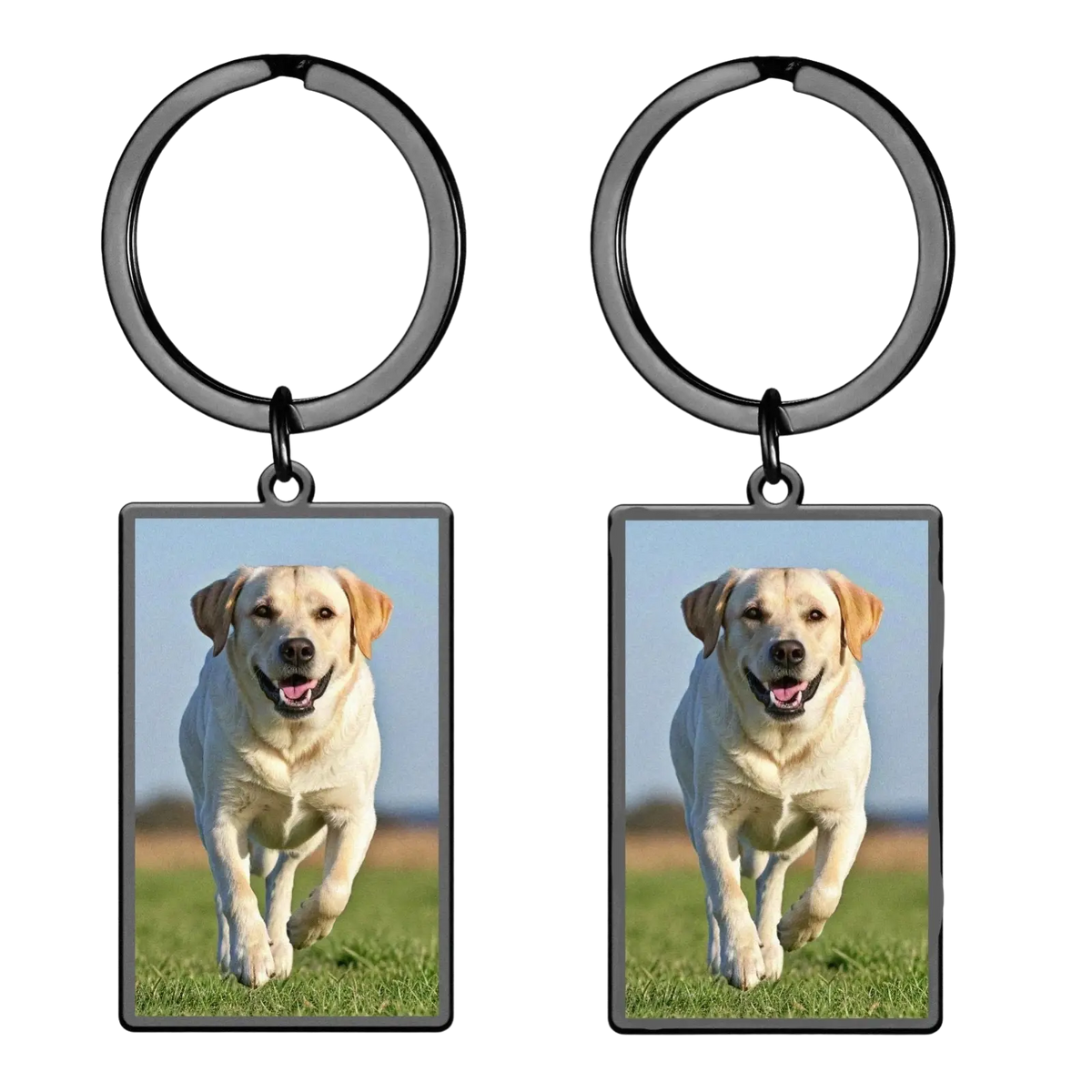 Custom photo rectangle keychain with a black stainless steel ring and frame featuring a yellow labrador retriever running on grass