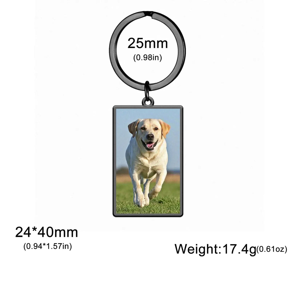 Black metal rectangular keychain with a yellow labrador photo on a stainless steel ring personalized gift