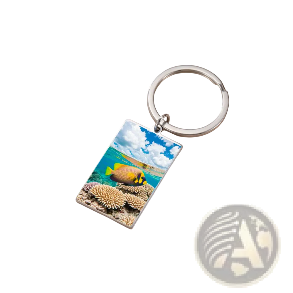 Custom photo rectangle keychain with stainless steel ring and frame featuring a yellow fish underwater scene