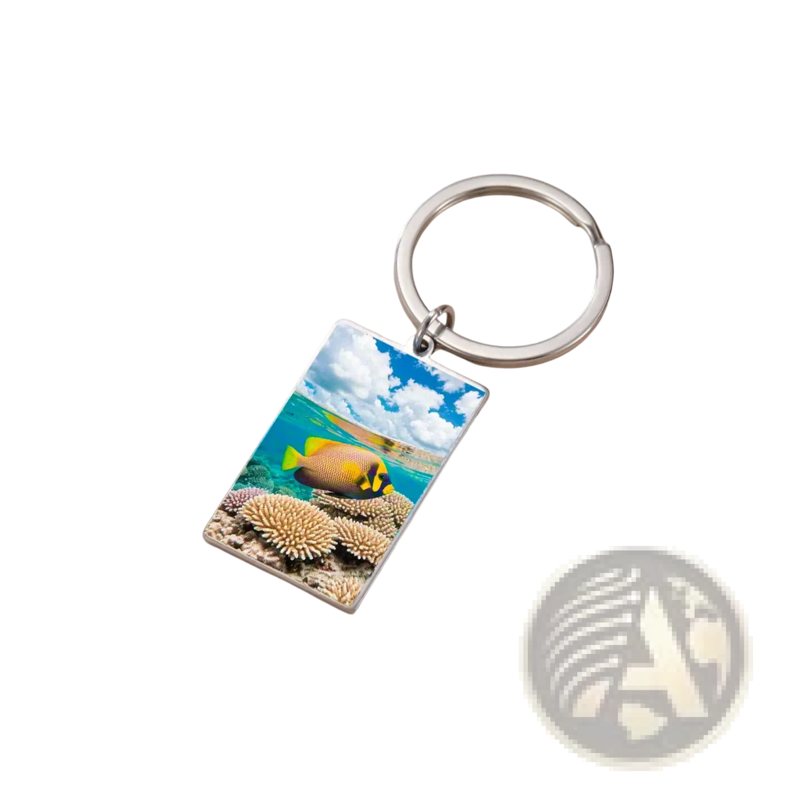 Custom photo rectangle keychain with stainless steel ring and frame featuring a yellow fish underwater scene