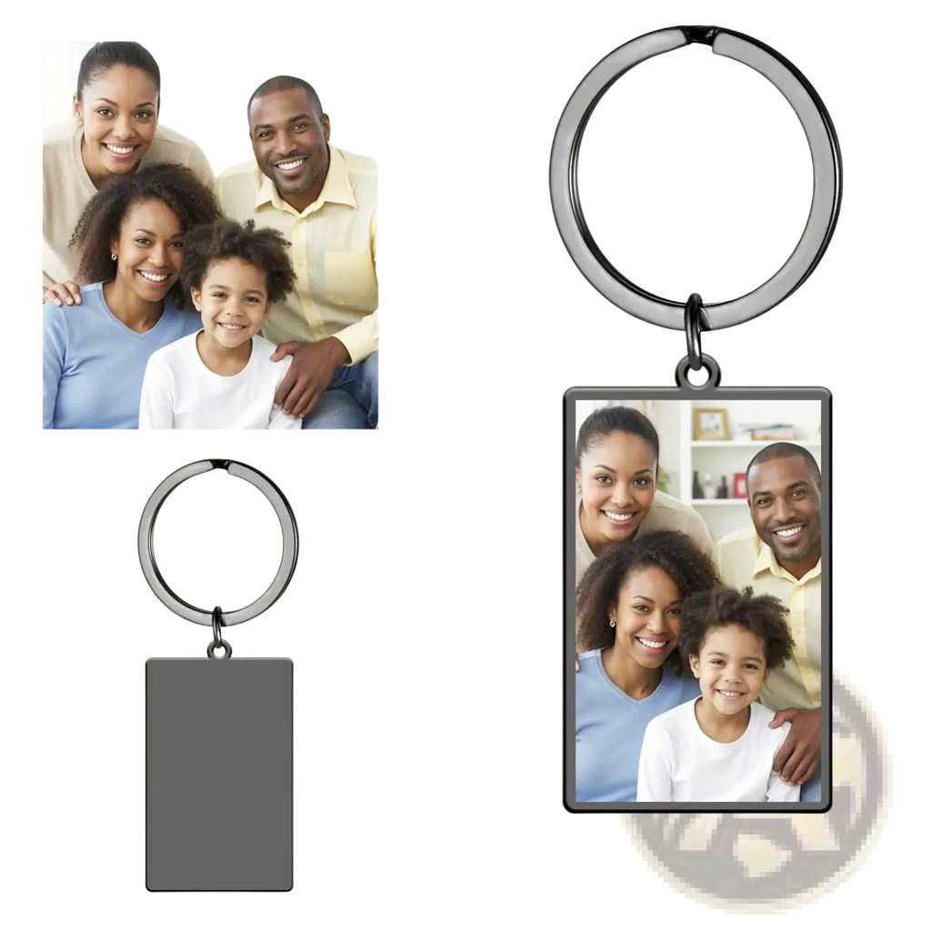 Custom photo rectangle keychain with black metallic frame and stainless steel ring for personalized use