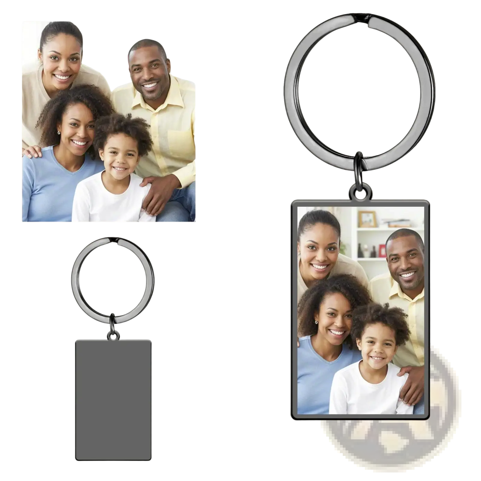 Custom photo rectangle keychain with black metallic frame and stainless steel ring for personalized use