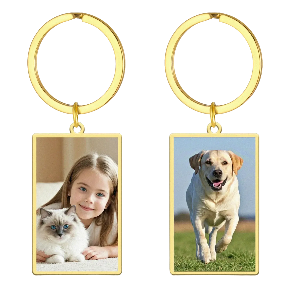 Gold-colored custom photo rectangle keychain with stainless steel ring displaying a girl and her cat or running yellow labrador