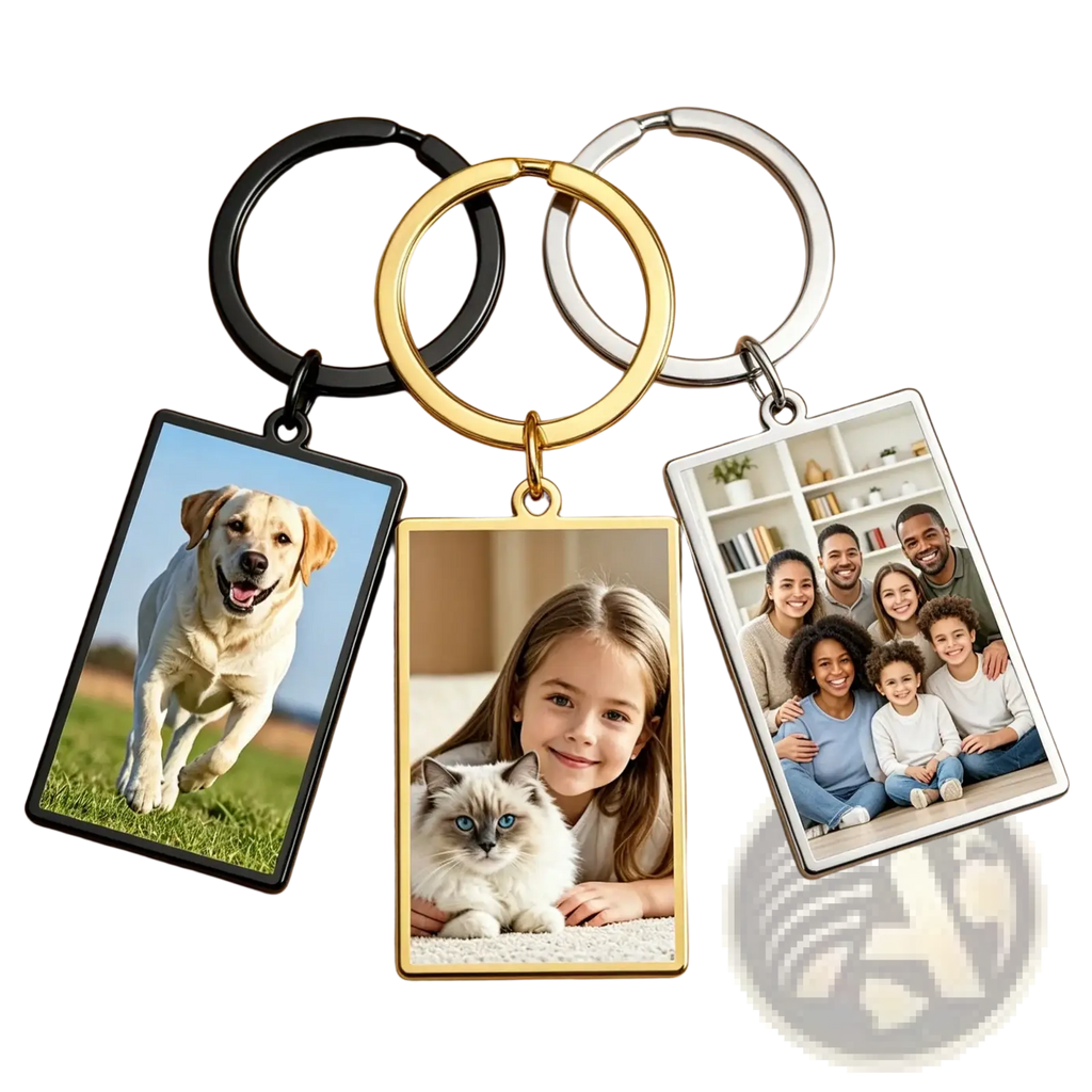 Three custom photo rectangle keychains with personalized stainless steel rings in black gold and silver colors