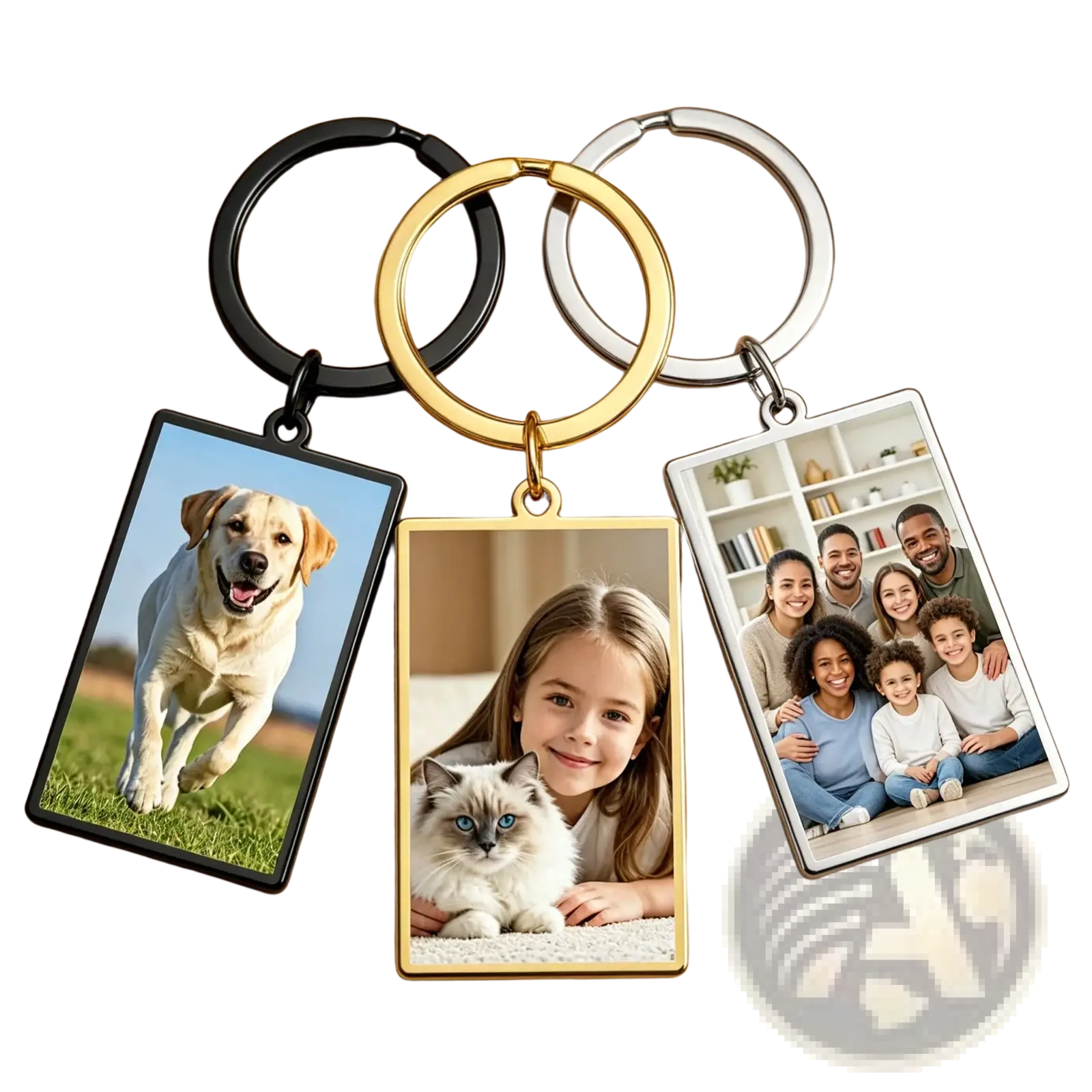 Three custom photo rectangle keychains with personalized stainless steel rings in black gold and silver colors