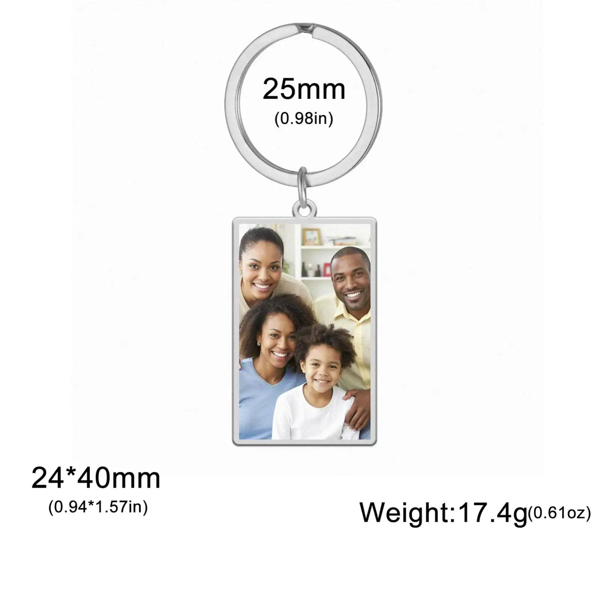 Silver rectangular custom photo keychain with a smiling family image personalized stainless steel ring accessory