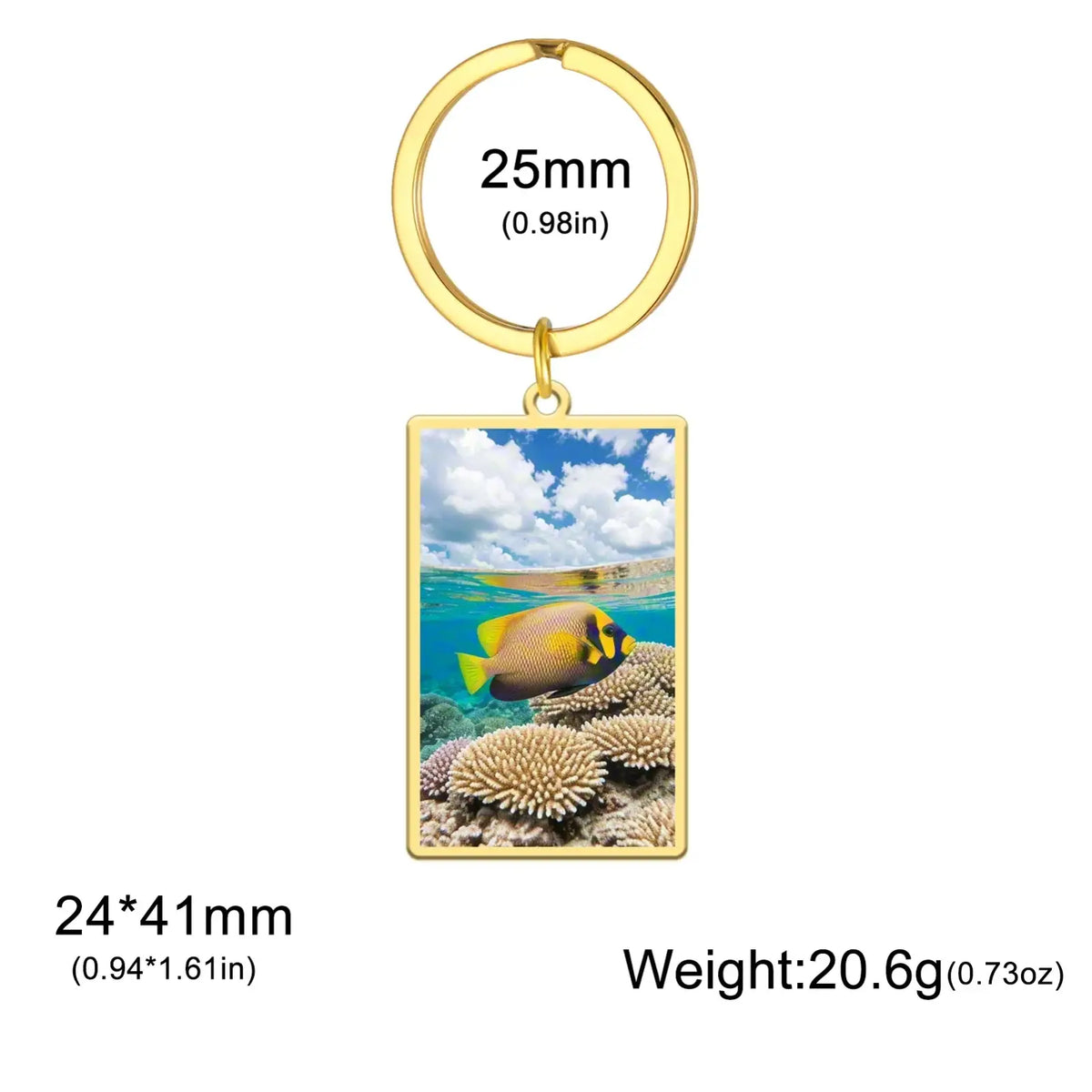 Gold-colored custom photo rectangle keychain with stainless steel ring featuring a vivid underwater scene with fish