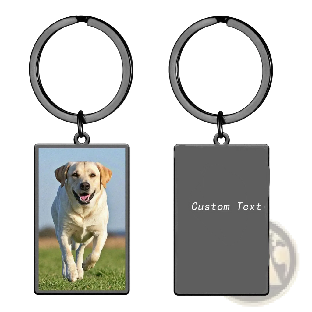 Custom photo rectangle keychain with a black stainless steel ring featuring a yellow labrador photo and customizable text