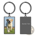 Custom photo rectangle keychain with a black stainless steel ring featuring a yellow labrador photo and customizable text