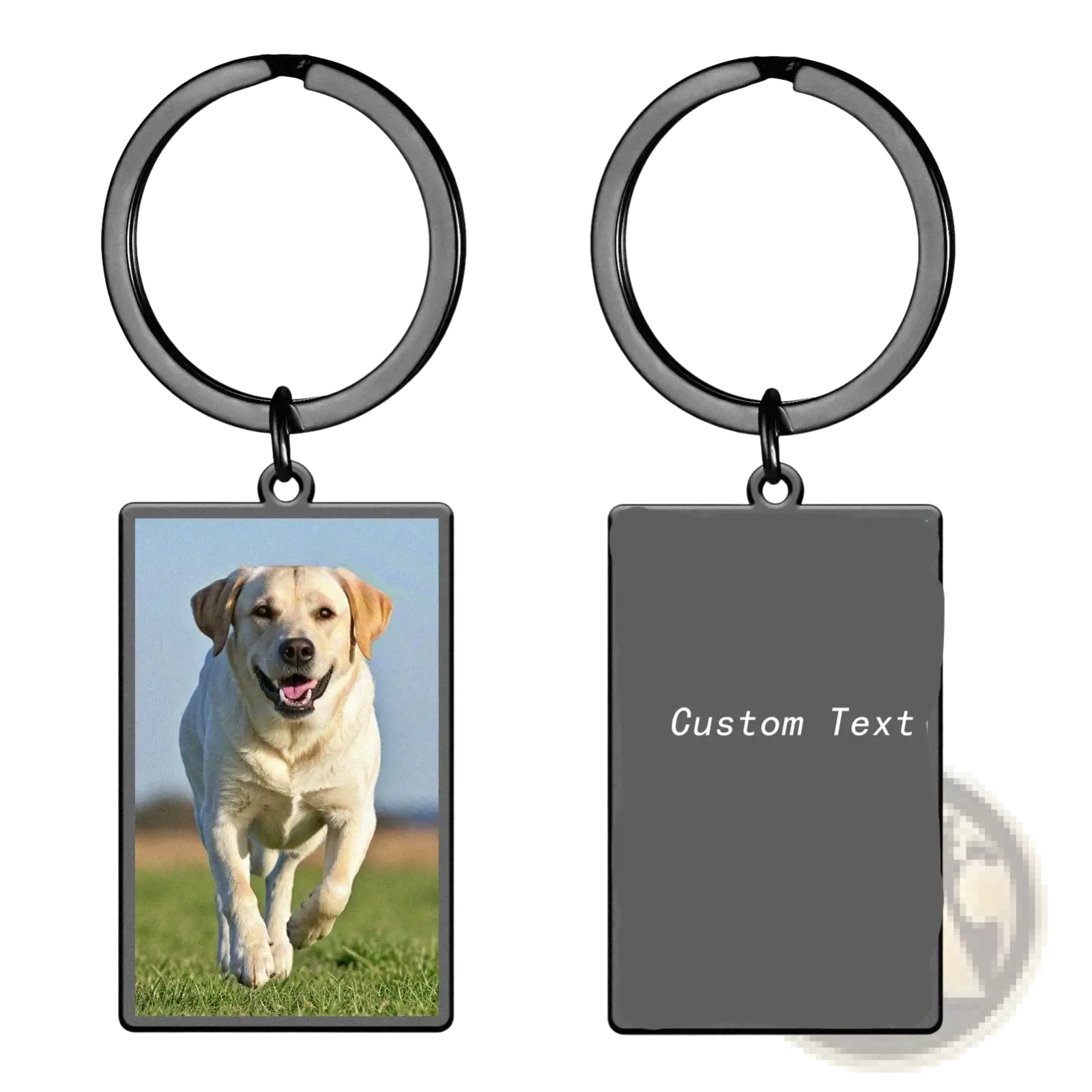 Custom photo rectangle keychain with a black stainless steel ring featuring a yellow labrador photo and customizable text