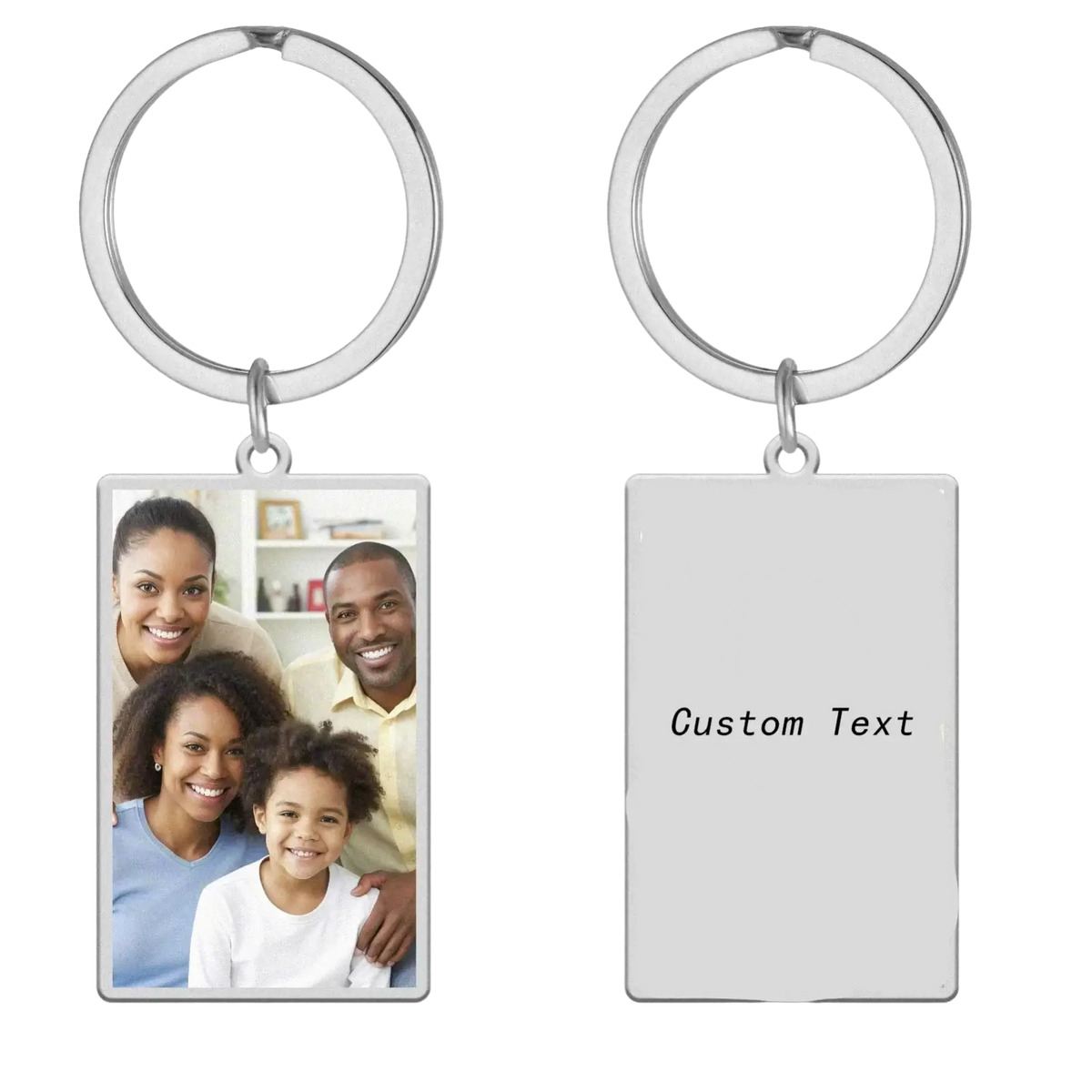 Silver stainless steel custom photo rectangle keychain with family photo on one side and customizable text on the other