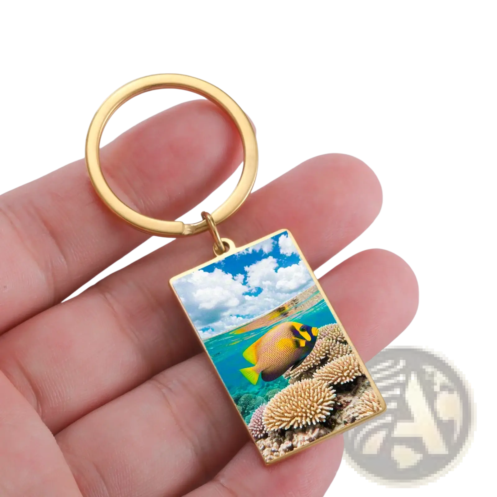 Gold-colored custom photo rectangle keychain with vibrant underwater scene on stainless steel ring accessory