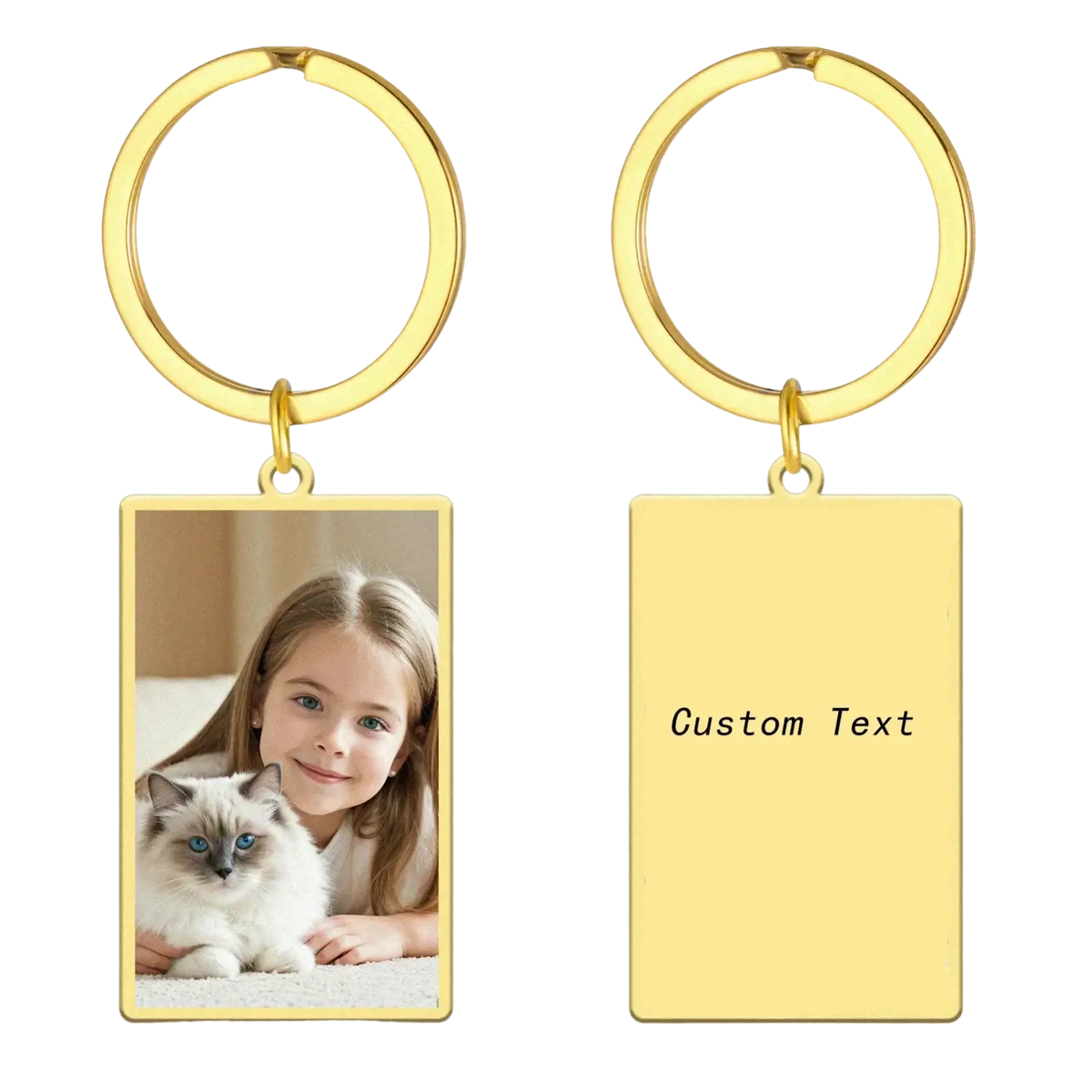 Gold-colored stainless steel custom photo rectangle keychain showing girl and cat with customizable text side