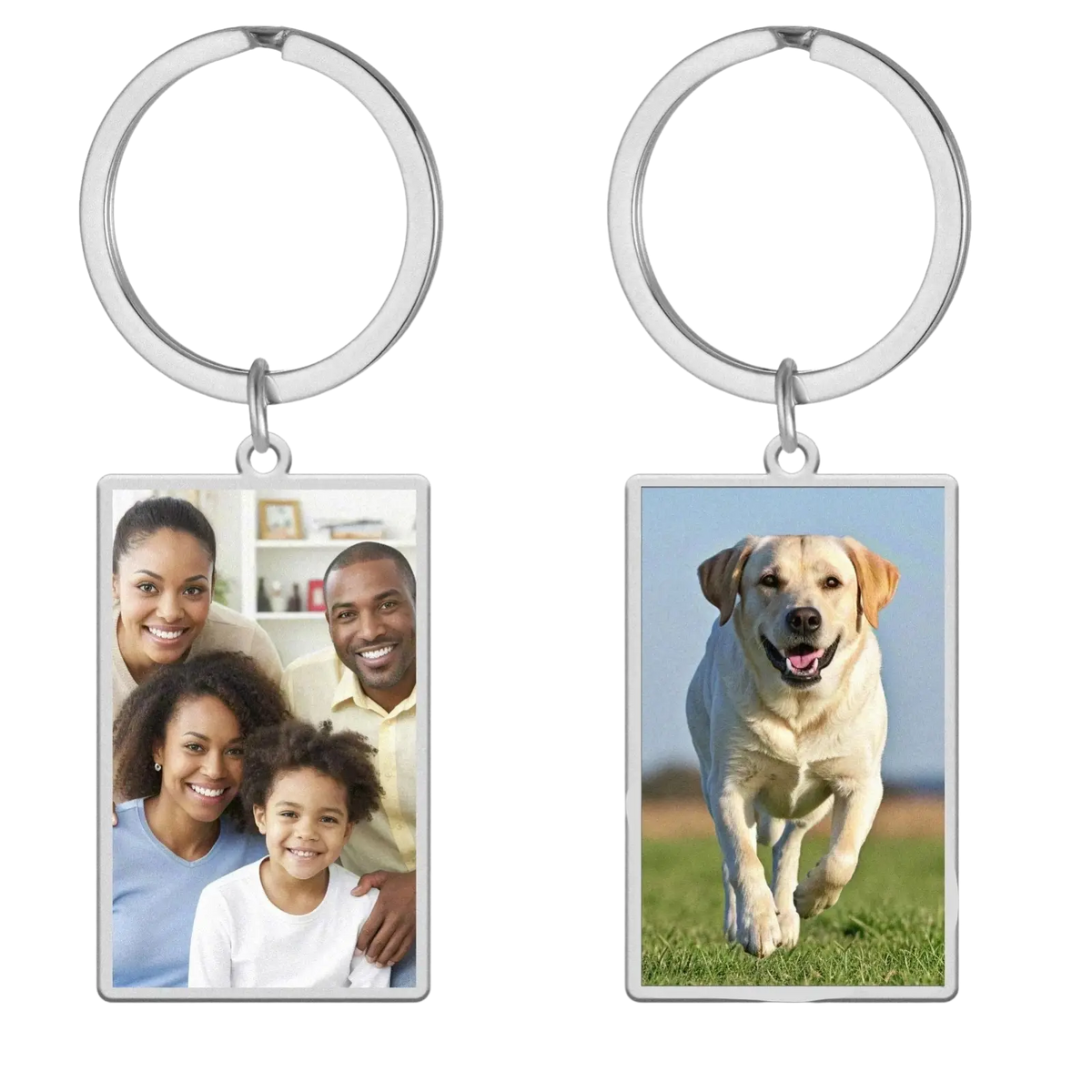 Custom photo rectangle keychain with silver stainless steel frame and ring featuring a smiling family or yellow labrador image