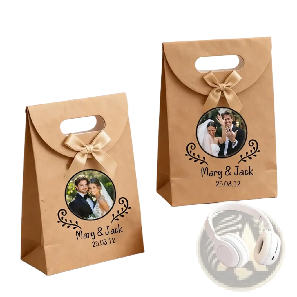 Custom photo wedding favor bags made of brown kraft paper with gold ribbon bows and personalized couple photo print