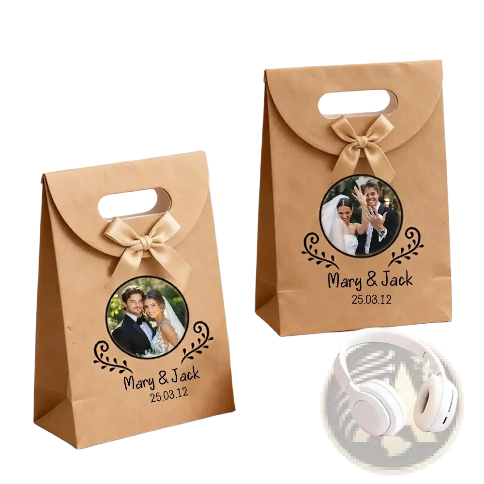 Custom photo wedding favor bags made of brown kraft paper with gold ribbon bows and personalized couple photo print