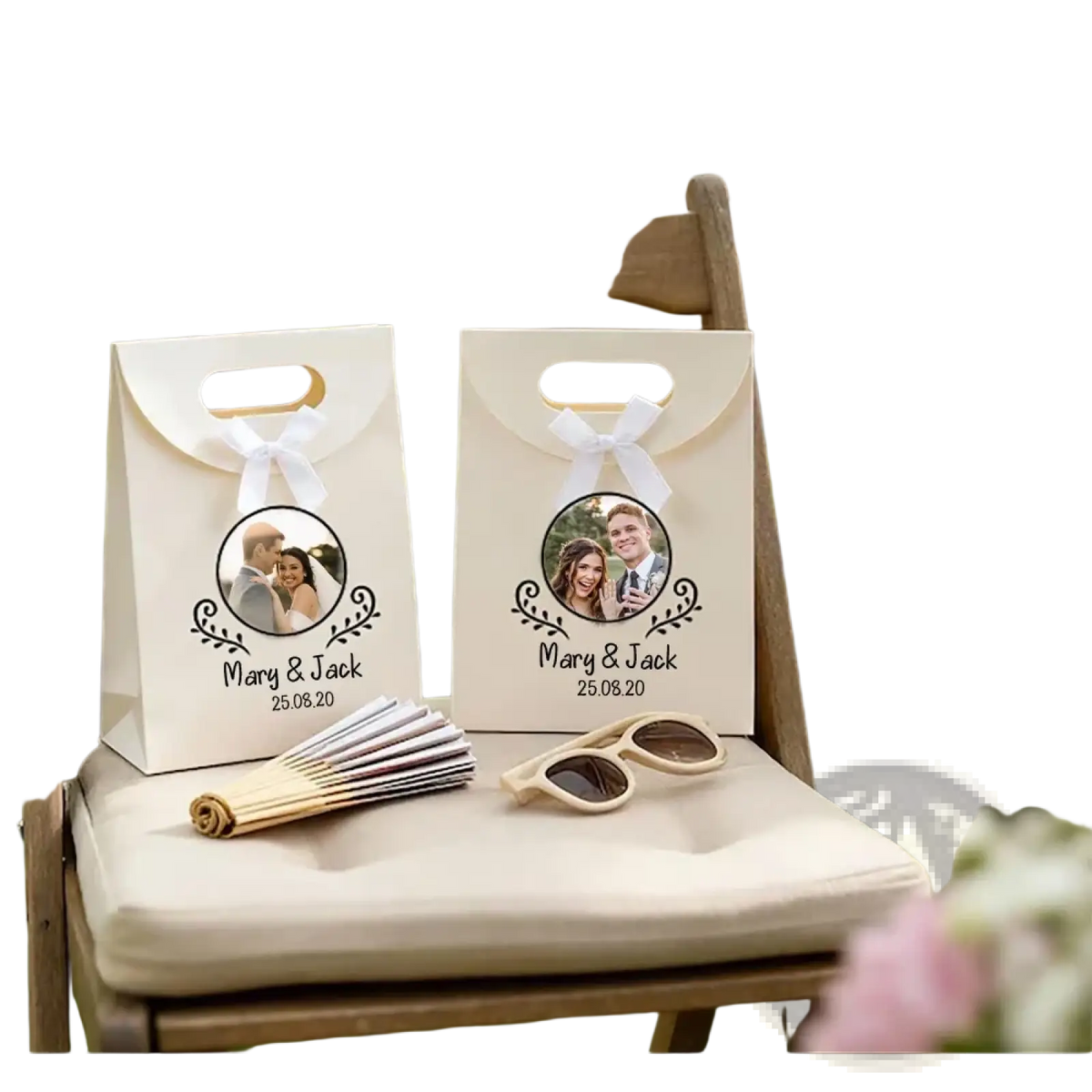 Cream-colored paper custom photo wedding favor bags with white ribbon bows and personalized couple prints mary and jack 25.08.20