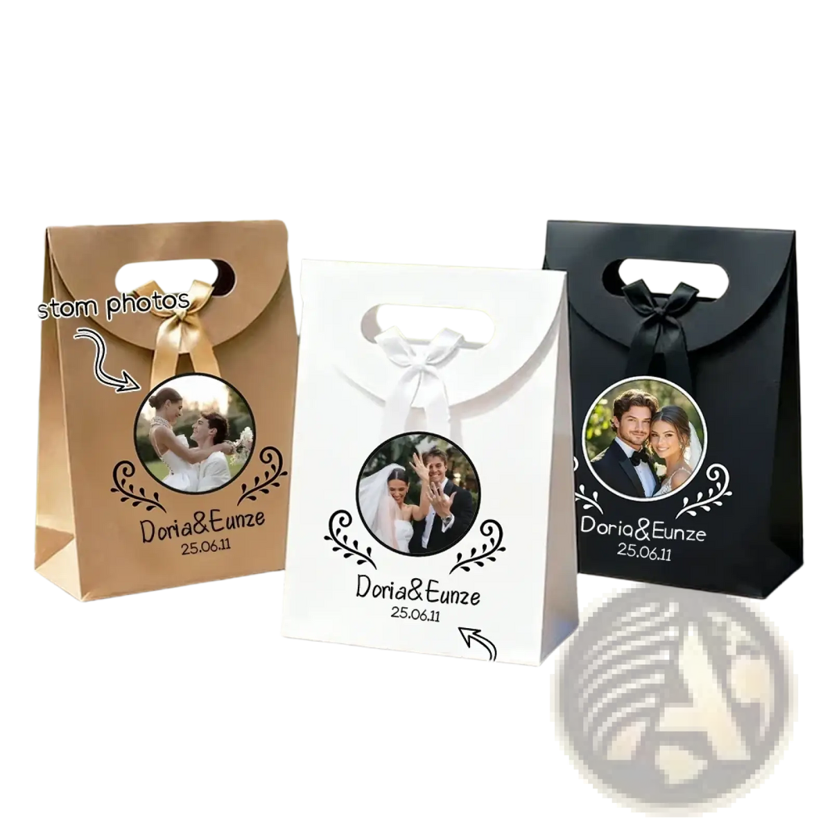 Custom photo wedding favor bags in gold white and black with printed couple photos and decorative swirls