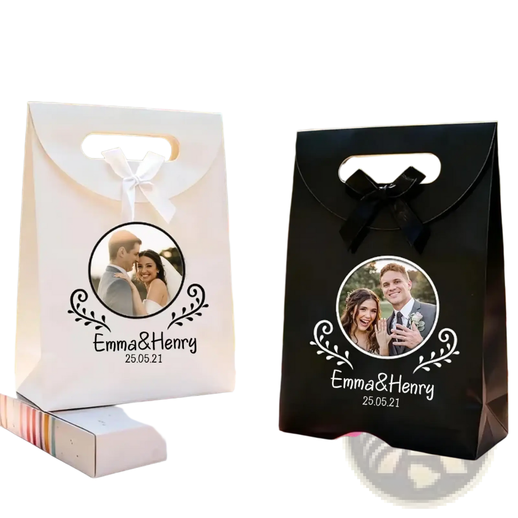 Custom photo wedding favor bags in white and black with circular photo prints and emma and henry names below