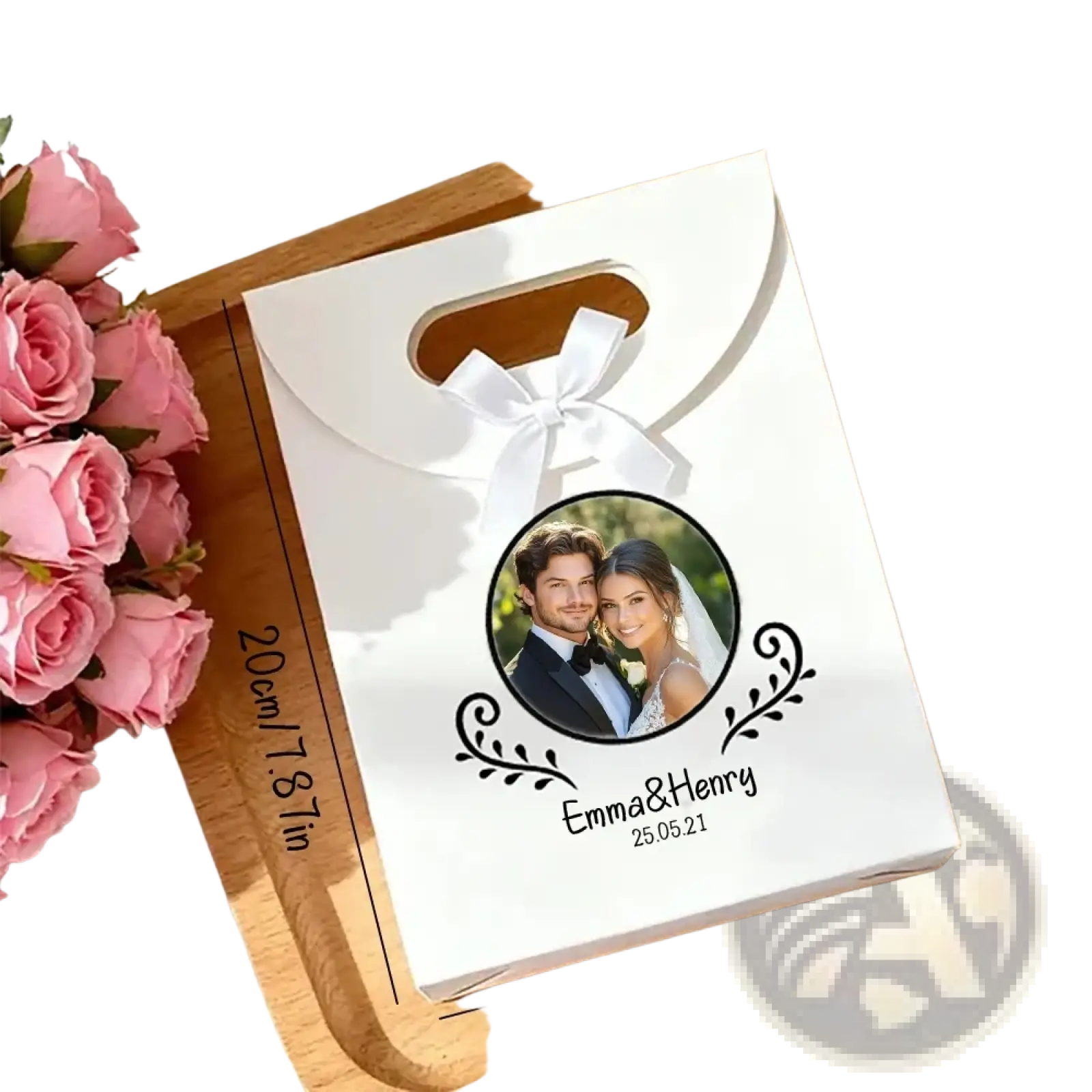 Custom photo wedding favor bags white box with circular photo emma and henry black swirls tied with white ribbon bow