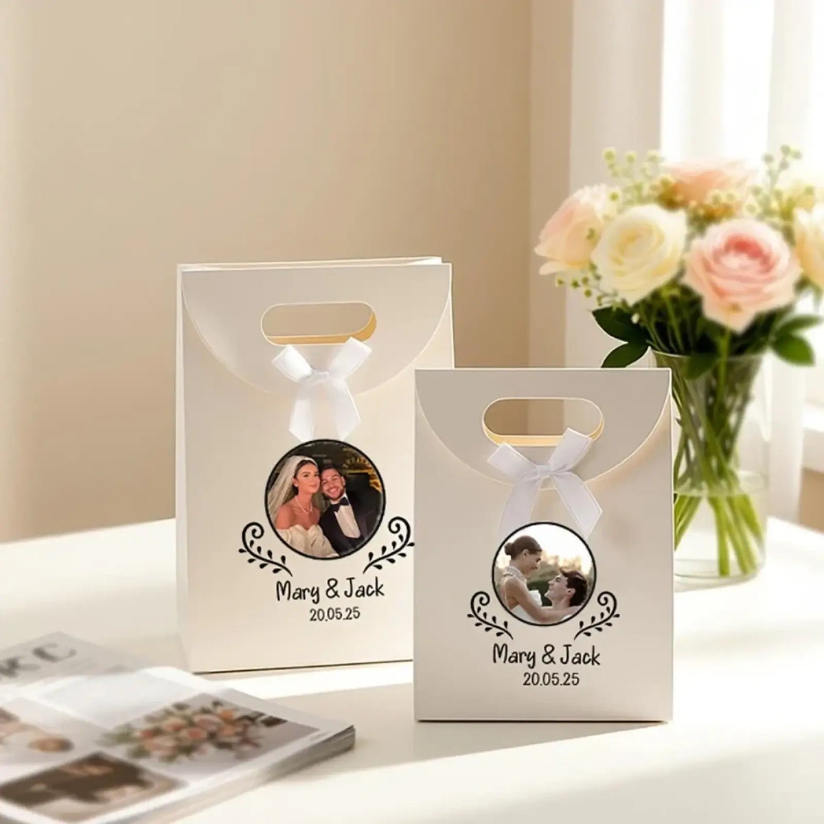 White paper custom photo wedding favor bags with circular photo prints and white ribbon ties for special events