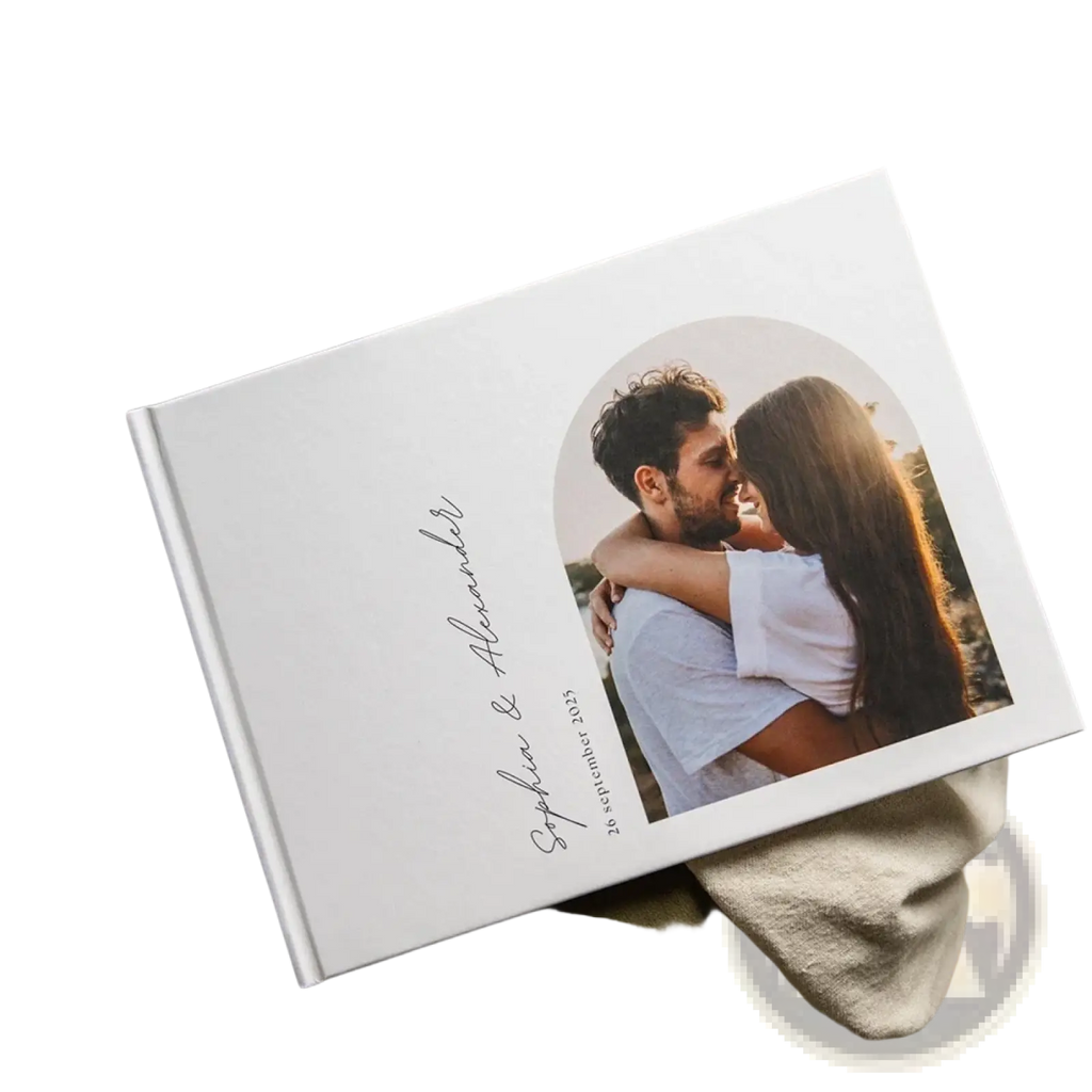 Custom photo wedding guest book white hardcover album with circular couple photo and cursive names sophia and alexander
