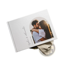 Custom photo wedding guest book white hardcover album with circular couple photo and cursive names sophia and alexander