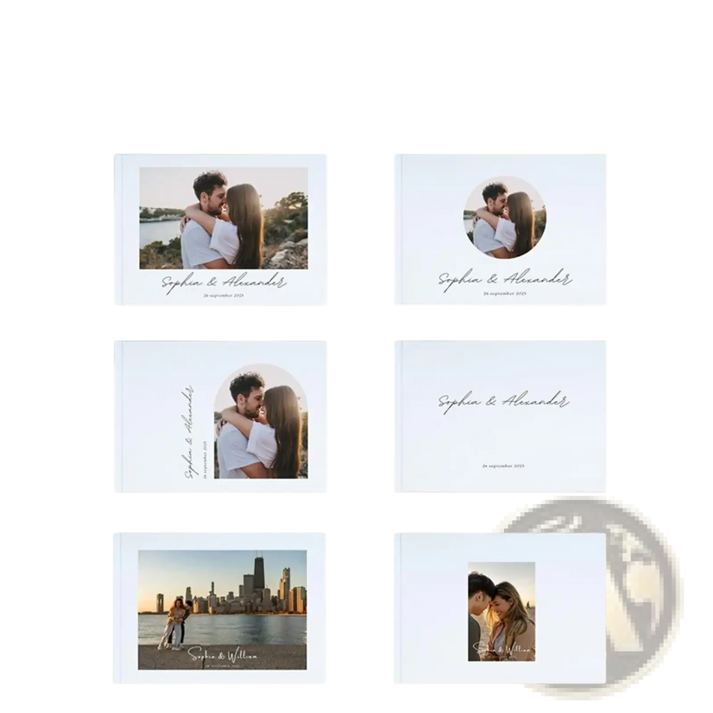 Custom photo wedding guest book personalized album with six white covers featuring couples names and dates in elegant script