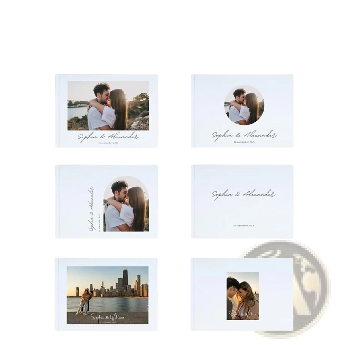 Custom photo wedding guest book personalized album with six white covers featuring couples names and dates in elegant script