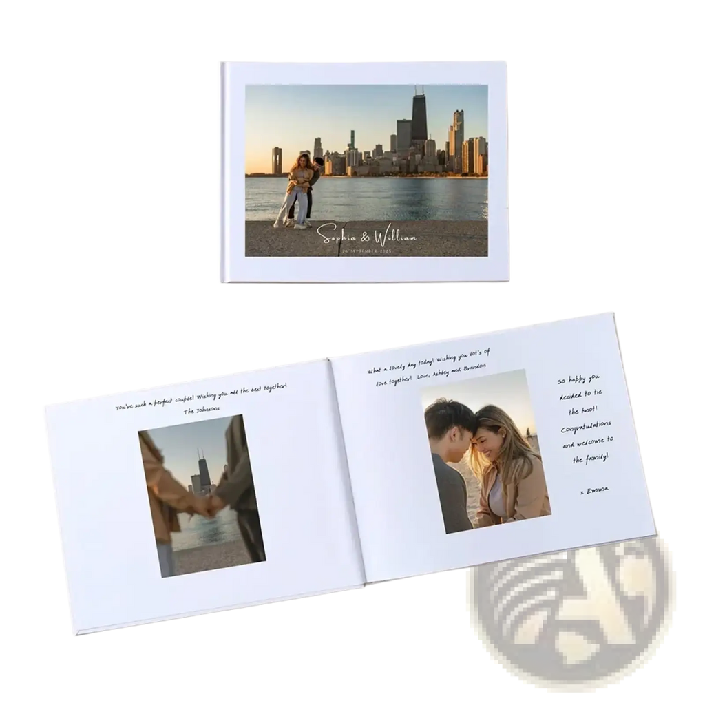 White custom photo wedding guest book with chicago skyline cover and personal messages inside pages
