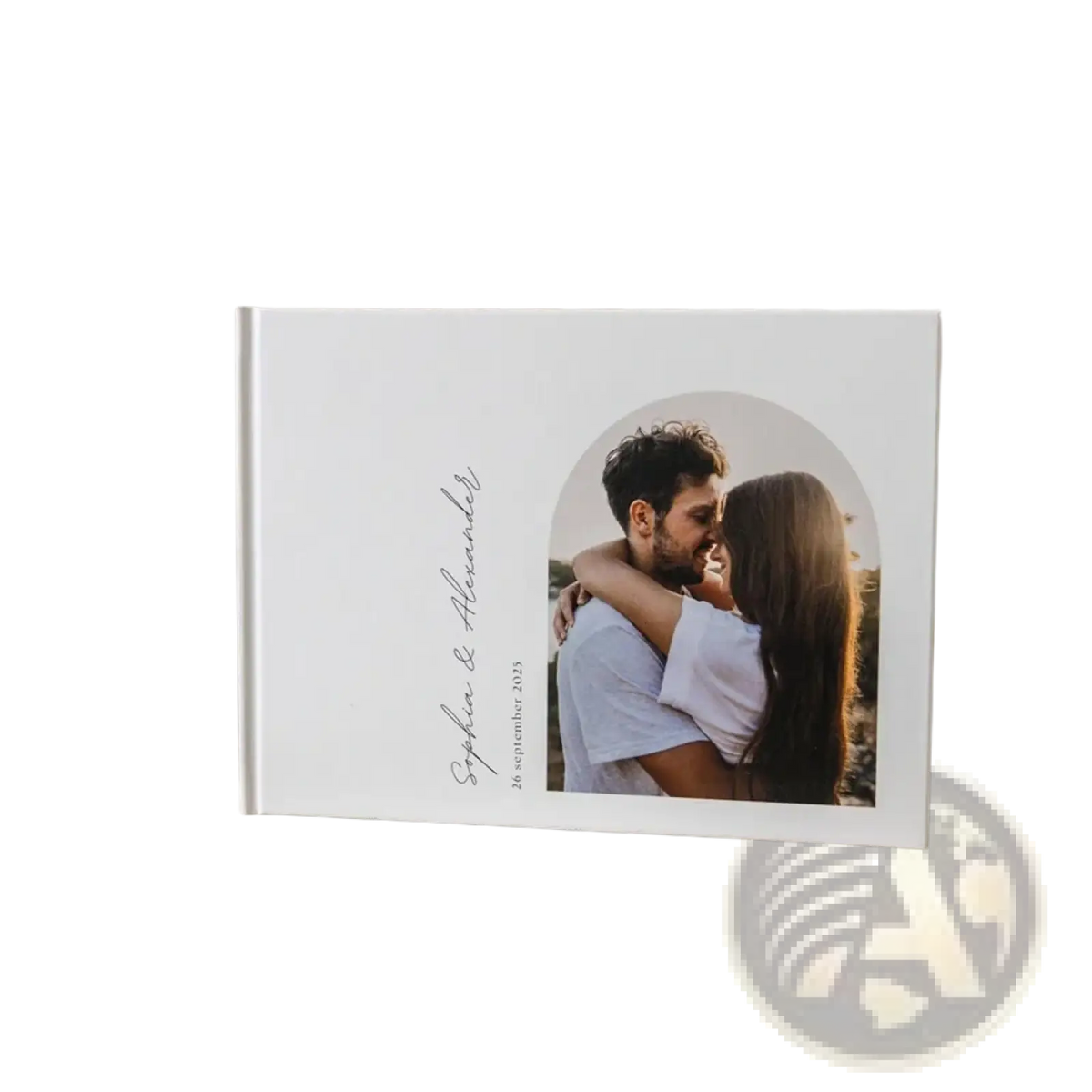 Custom photo wedding guest book personalized white hardcover album with circular couple photo and elegant cursive text cover